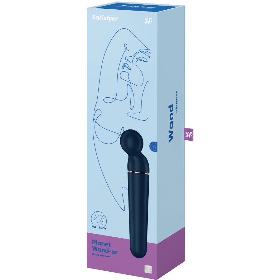 Produktverpackung mit blauem Vibrator-Design. Text: Satisfyer, Wand, Planet Wand-er, Vibrator. Auf weißem Hintergrund.