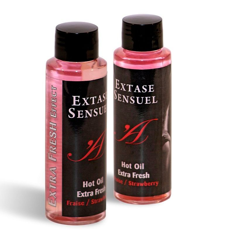 Zwei Flaschen Extase Sensuel Hot Oil, Erdbeerduft, Extra Fresh.