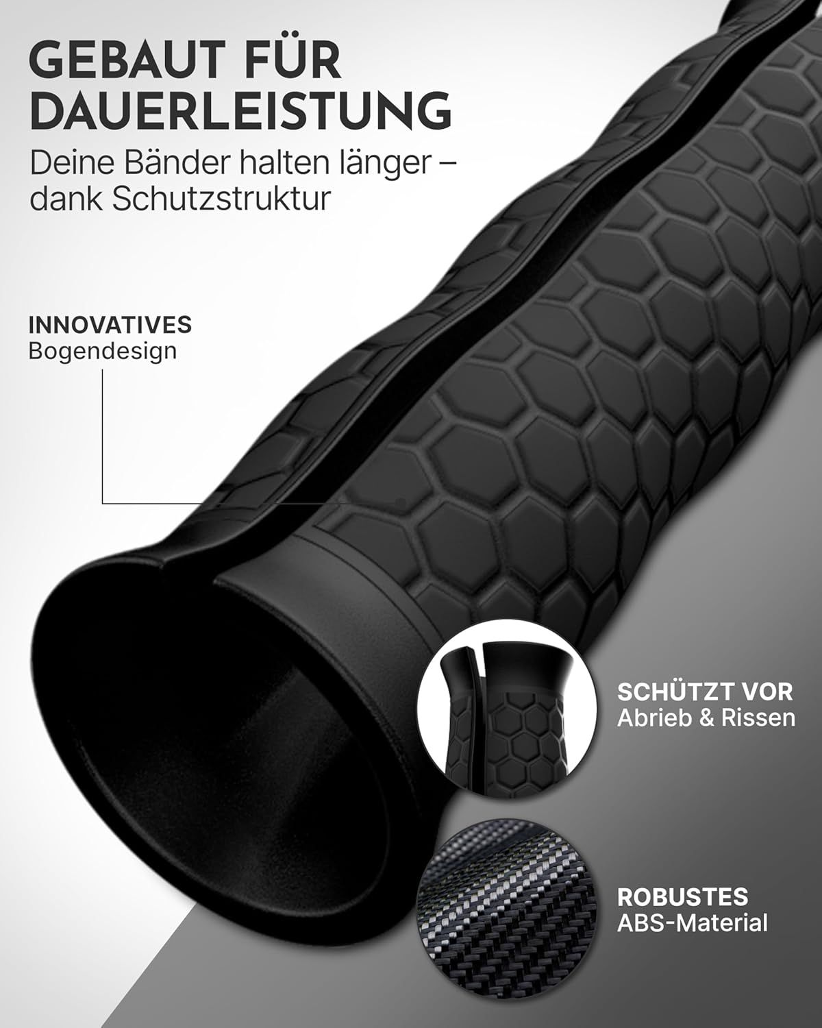 Nahaufnahme eines schwarzen Griffs für Fitnessbänder. Sechseckiges Muster, robustes ABS-Material. Schützt vor Abrieb und Rissen.