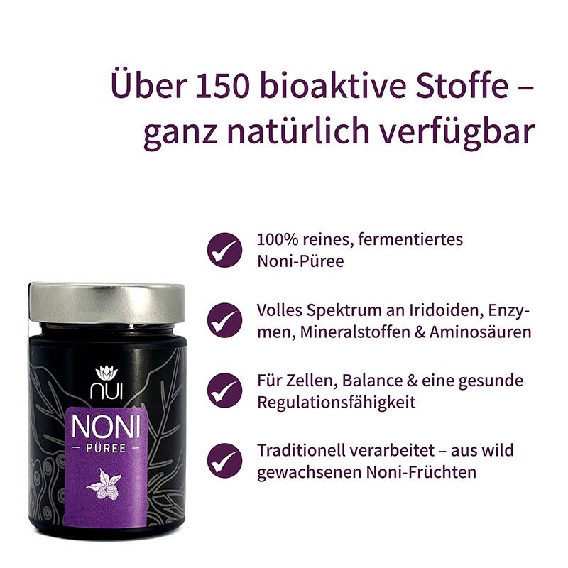 Glas NUI NONI Püree. Schwarzes Glas mit silbernem Deckel. Aufschrift: NUI NONI Püree. Lila Etikett. Text: Über 150 bioaktive Stoffe.