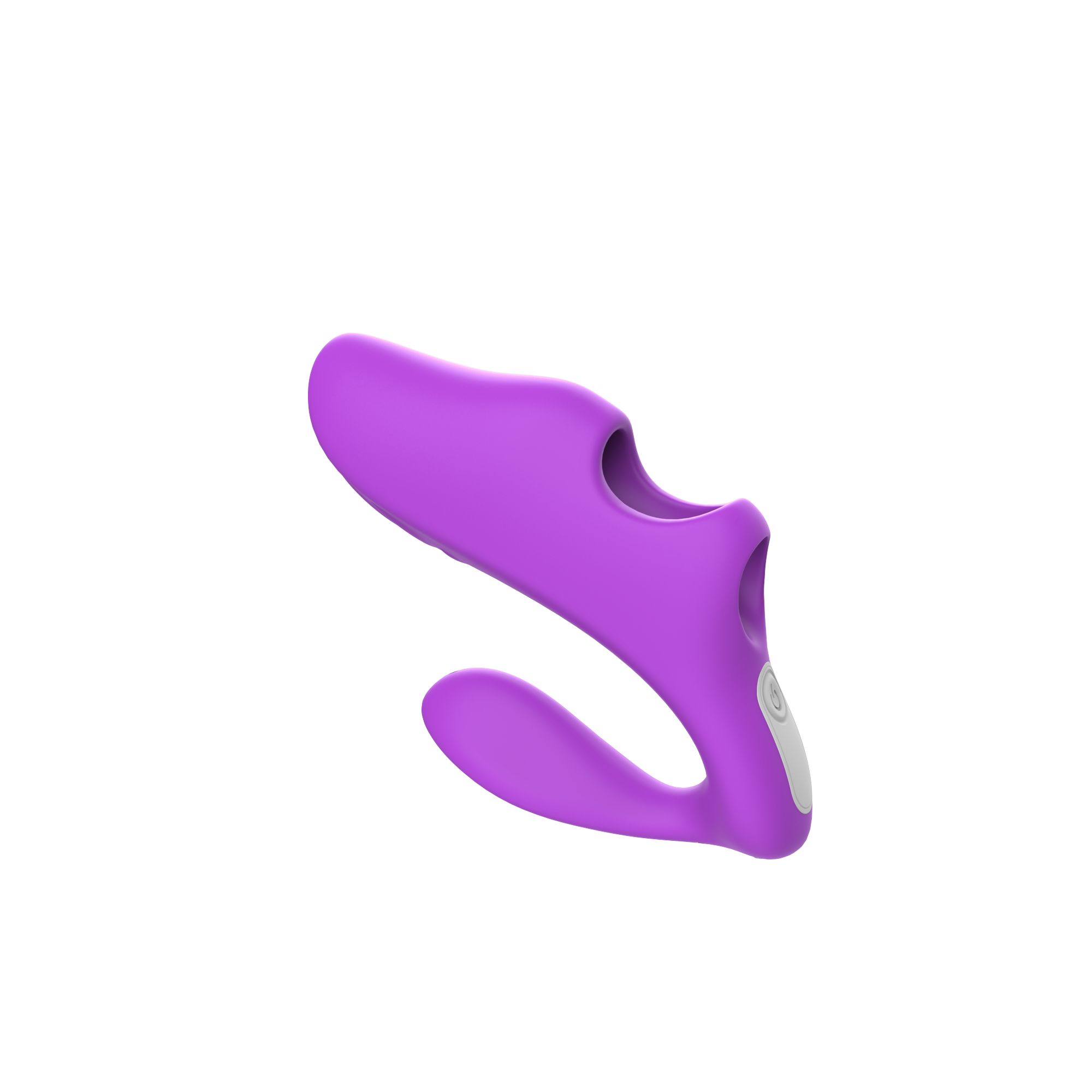 Lila Paarvibrator. Ergonomische Form mit Öffnung und gebogener Spitze. Mit weißem Bedienknopf.