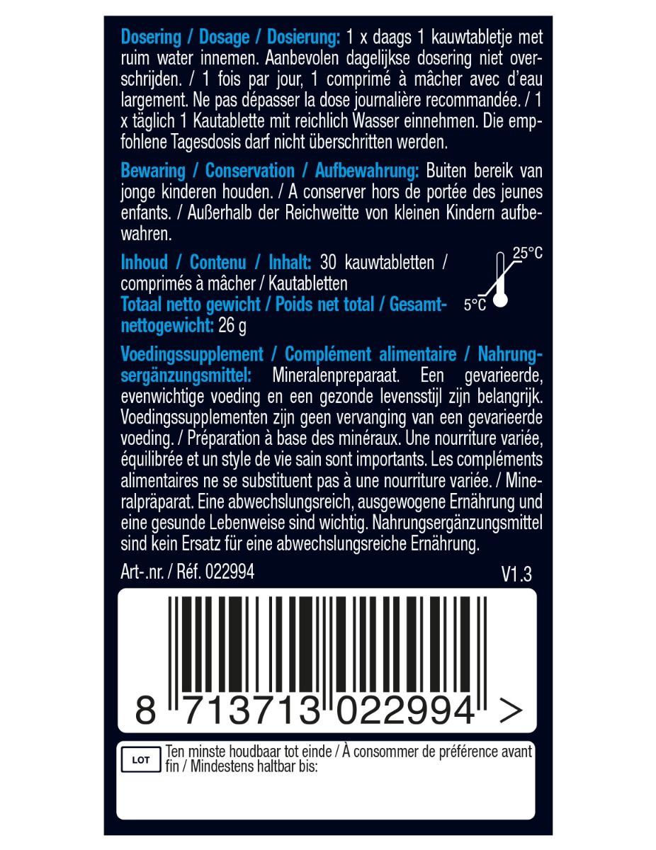Rückseite der Verpackung von Pure Marine Magnesium Kautabletten. Enthält Informationen zu Dosierung, Inhaltsstoffen und Haltbarkeit.