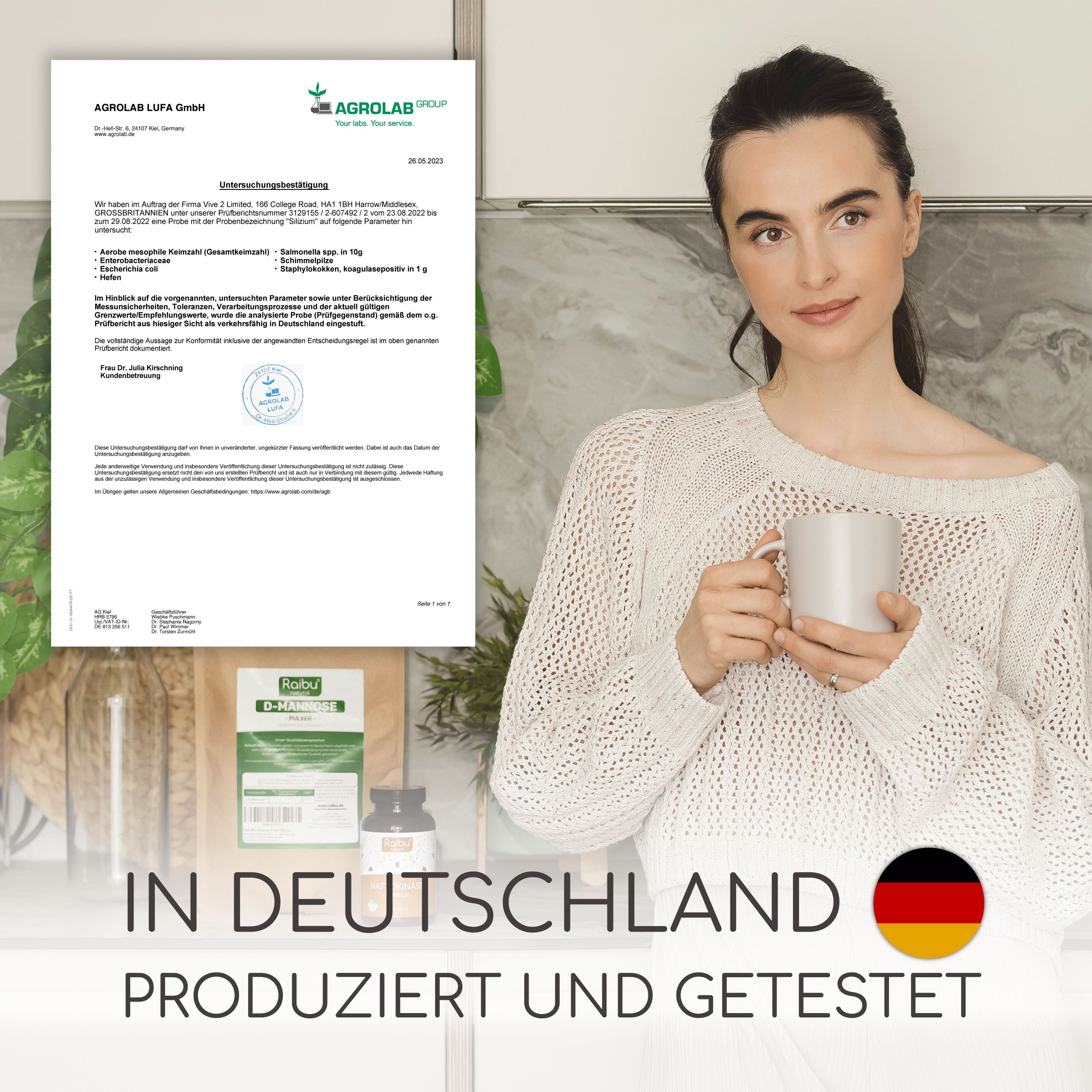 Zertifikat von Agrolab. Text: In Deutschland produziert und getestet. Frau mit Tasse.