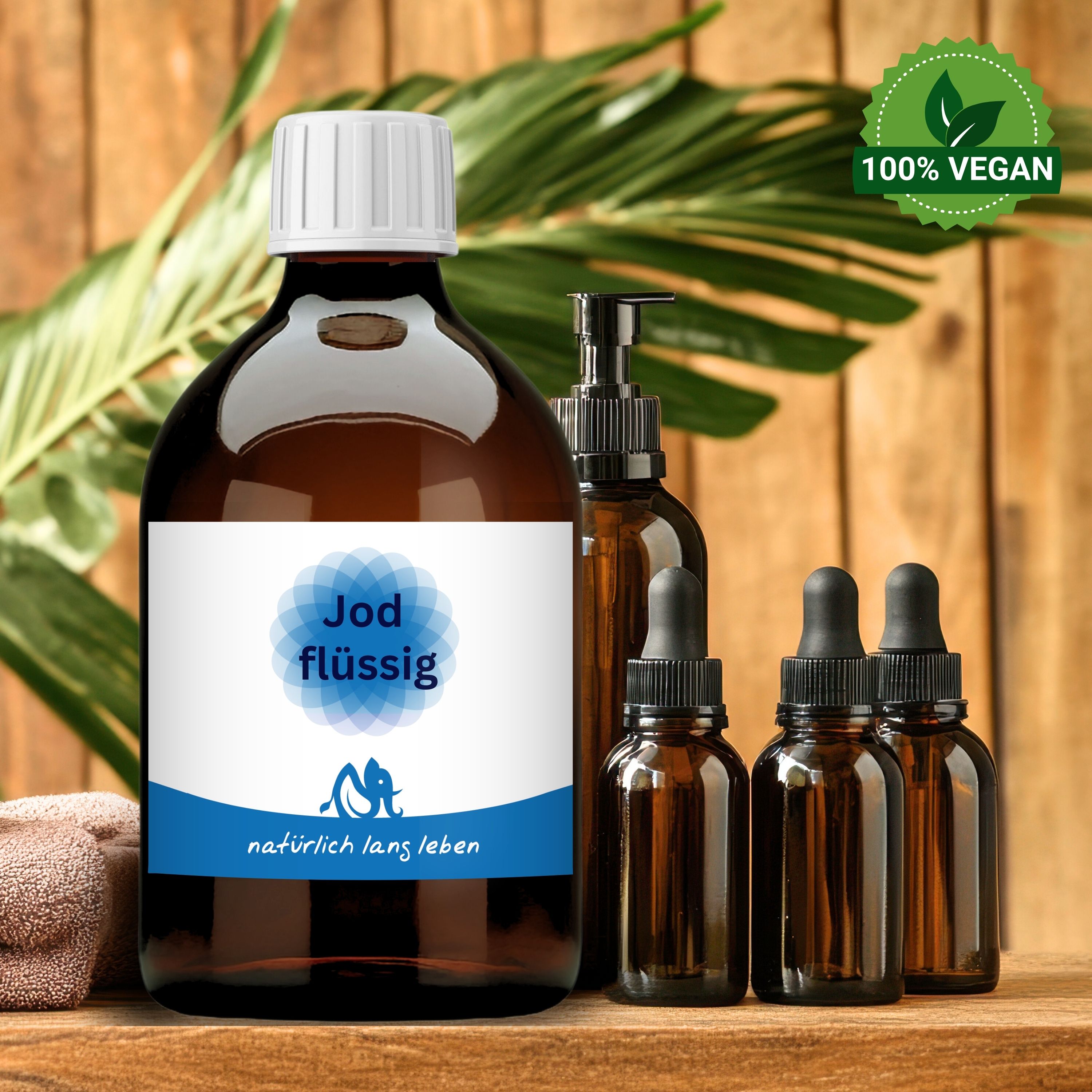 Braune Glasflasche mit weißem Deckel und Etikett. Aufschrift: Jod flüssig, natürlich lang leben. 100% vegan Siegel.