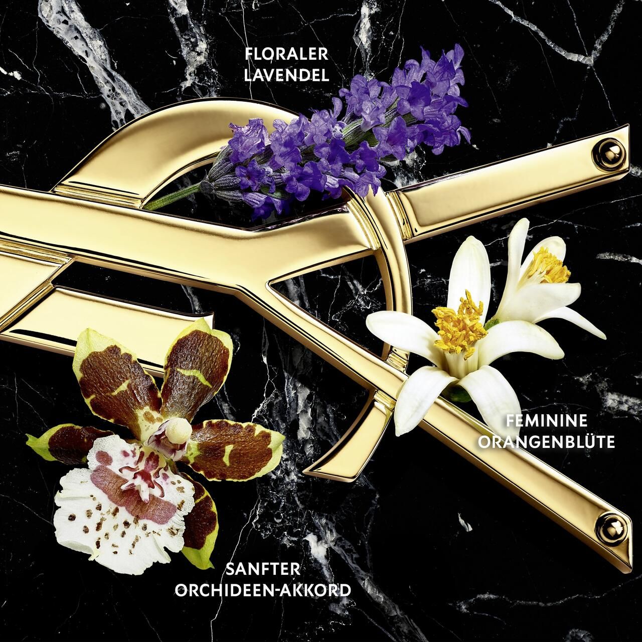 Goldenes Logo mit Blumen: Lavendel, Orangenblüte, Orchideenblüte. Schwarzer Marmorhintergrund.