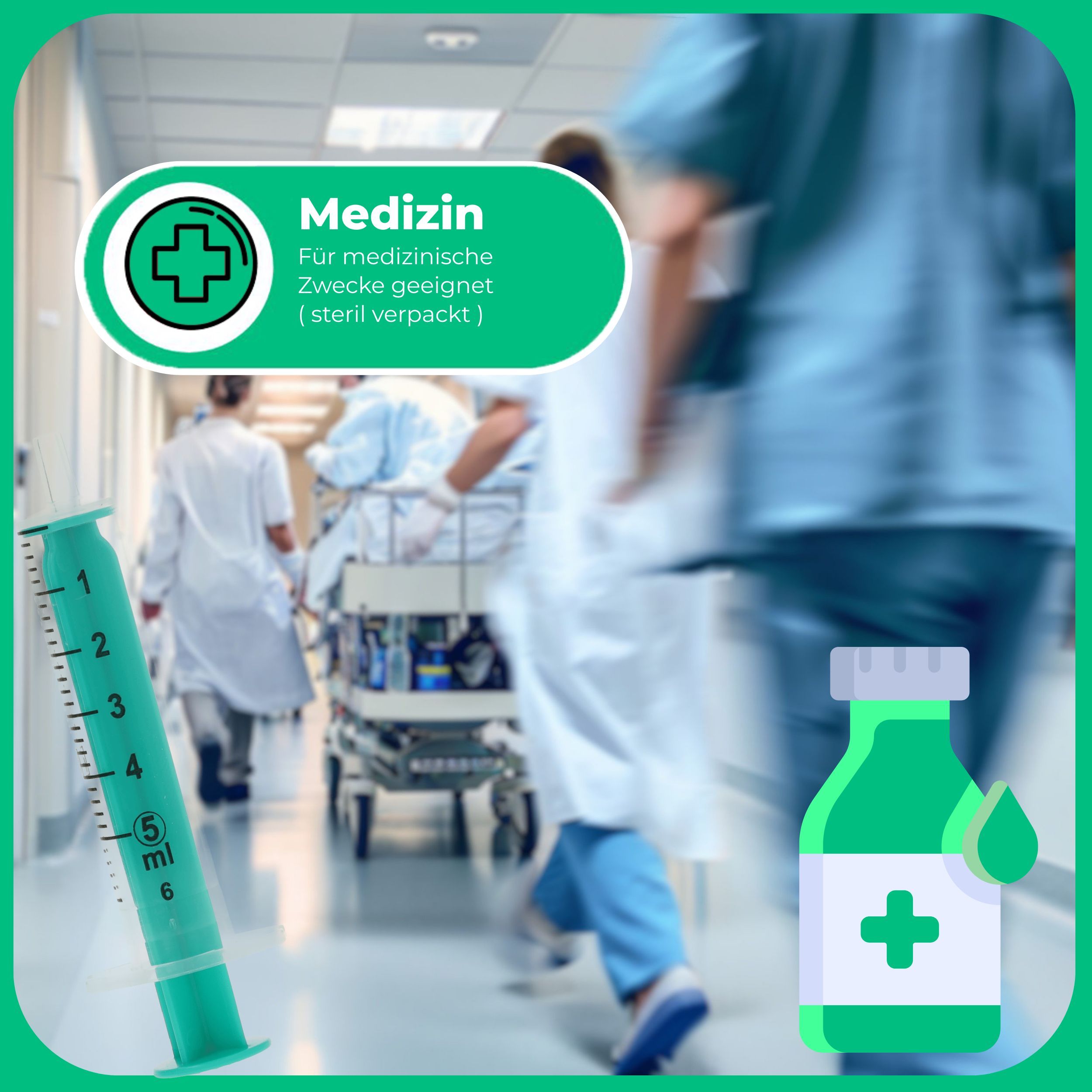 Spritze, grün, mit Skala, 5 ml. Im Hintergrund: Krankenhausflur, Ärzte, Medikamentenflasche. Text: Medizin, für medizinische Zwecke.
