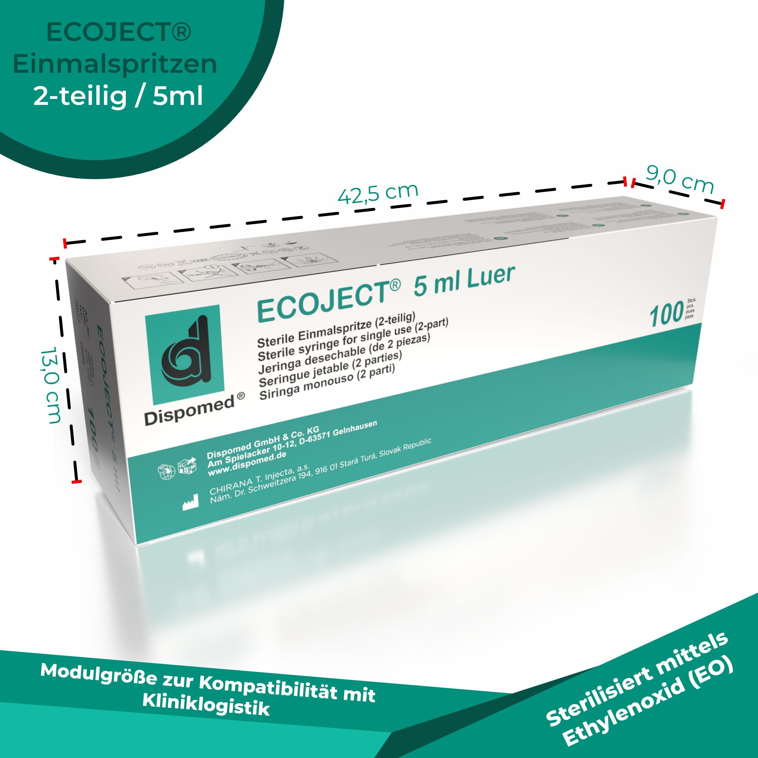 Kartonverpackung für Ecoject® 5 ml Einmalspritzen. Maße: 42,5 x 13,0 x 9,0 cm. Beschriftung: 100 Stück, sterilisiert mit Ethylenoxid.