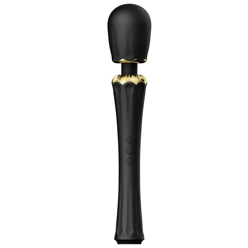 Schwarzer Stabvibrator mit geriffelter Oberfläche, goldenen Akzenten und drei Diamant-Symbolen. Kopf und Griff sind abgerundet.