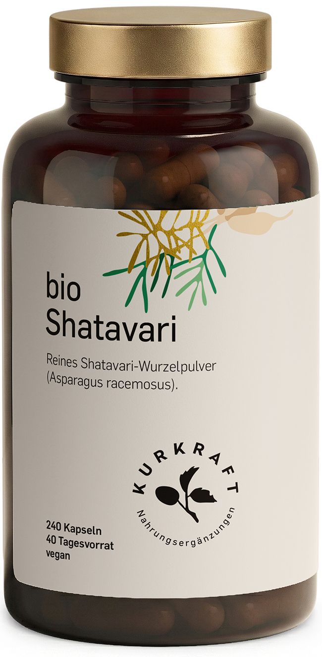 Braune Glasflasche mit Bio Shatavari Kapseln. Aufschrift: 240 Kapseln, 40 Tagesvorrat, vegan. Kurkraft Logo.