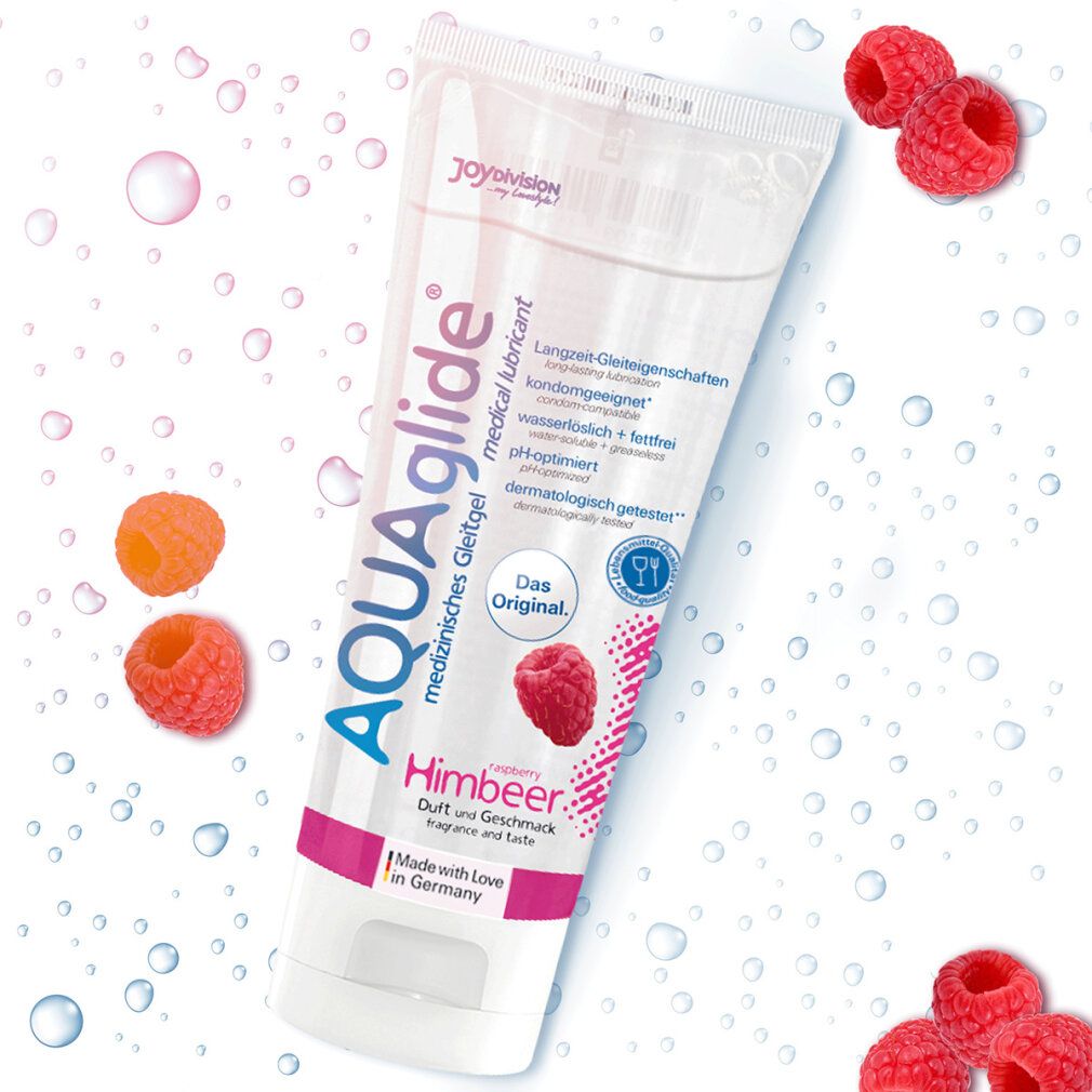 Tube mit AQUAglide Himbeer. Himbeer-Illustration. Wasser-Hintergrund mit Himbeeren.