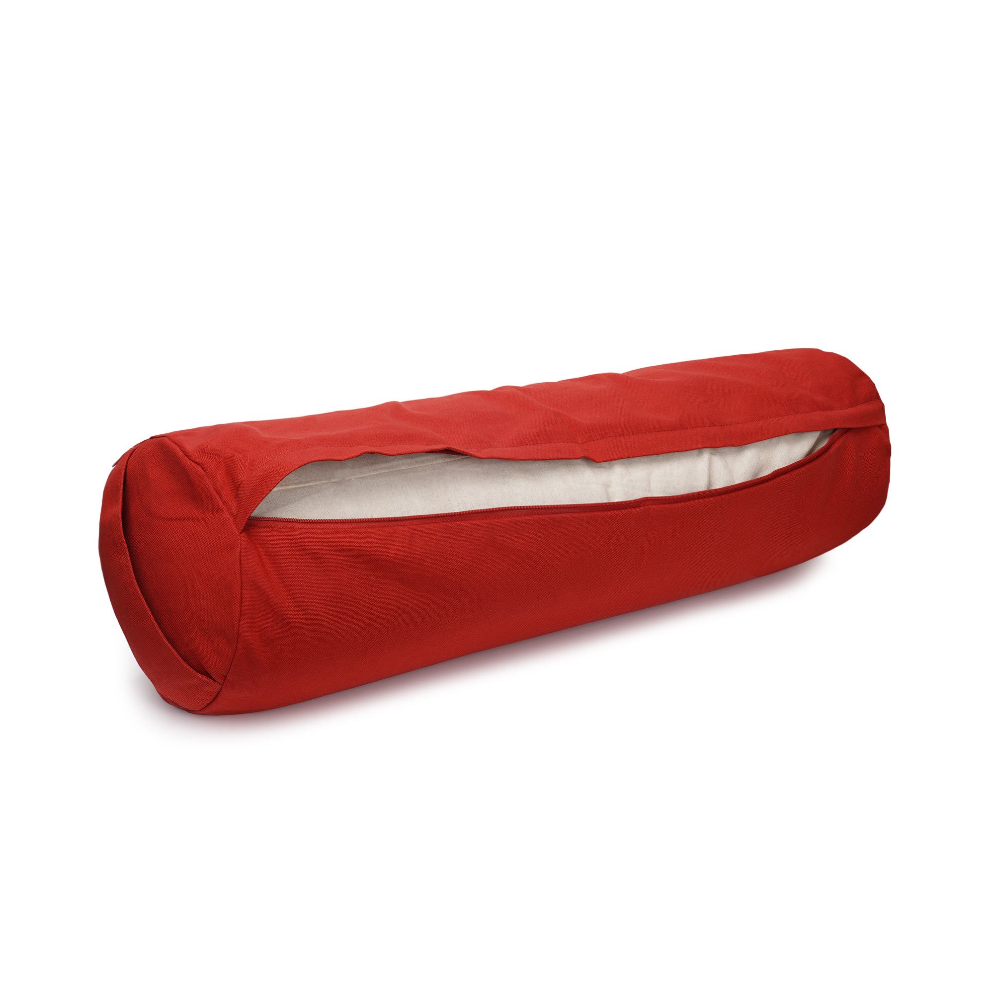 Rote Yogarolle mit geöffnetem Reißverschluss, der eine cremefarbene Innenhülle zeigt.