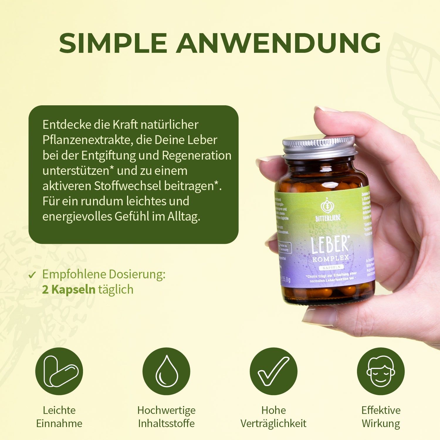 Hand hält Flasche. Text: Leber Komplex, Kapseln. Empfohlene Dosierung: 2 Kapseln täglich. Symbole.