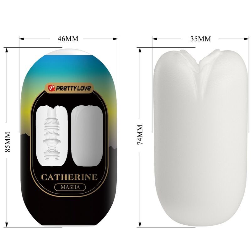 Verpackung und Masturbator. Verpackung mit Produktname und Maßen. Masturbator weiß.