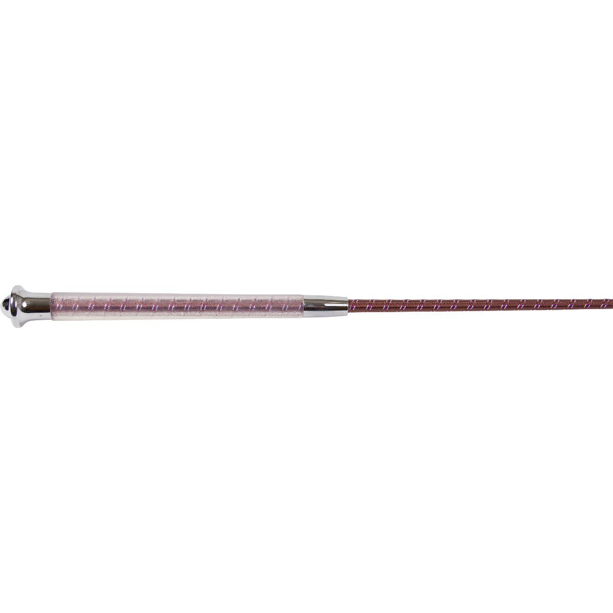 Gerte mit Softgriff. Der Griff ist rosa und transparent, der Stab ist rotbraun. Am Griffende befindet sich ein silberfarbener Abschluss.
