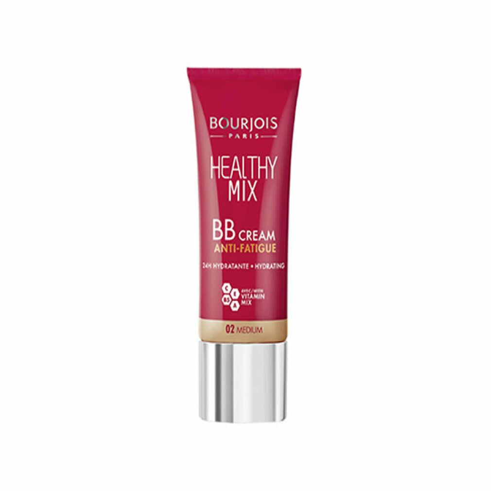Rote Tube Bourjois Healthy Mix BB Cream 02 Medium. Text: Healthy Mix, BB Cream Anti-Fatigue, 24H Hydratante + Hydrating.