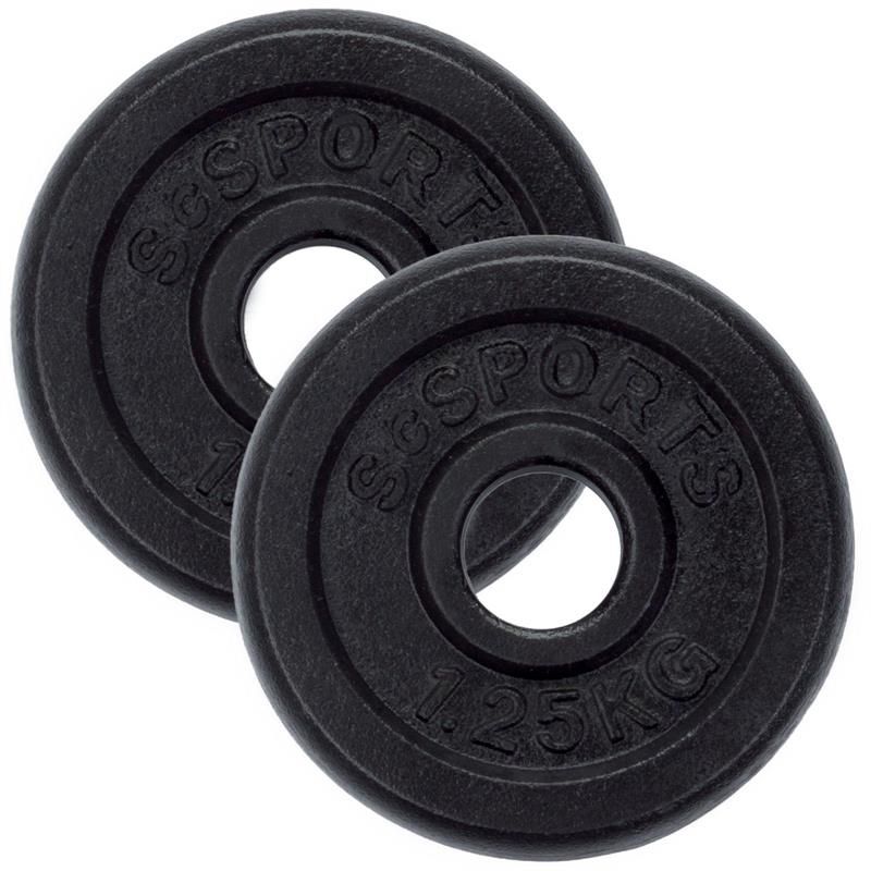 Zwei schwarze Hantelscheiben mit der Aufschrift "ScSPORTS" und "1.25KG".