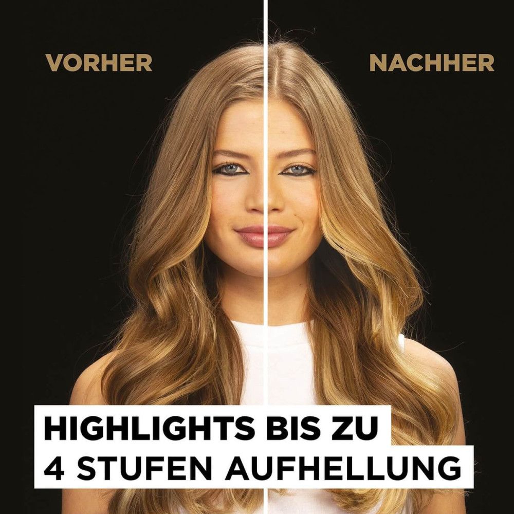 Vorher-Nachher-Vergleich. Blondes Haar, Highlights bis zu 4 Stufen Aufhellung. Frau mit blonden Haaren, geteilt in zwei Hälften.