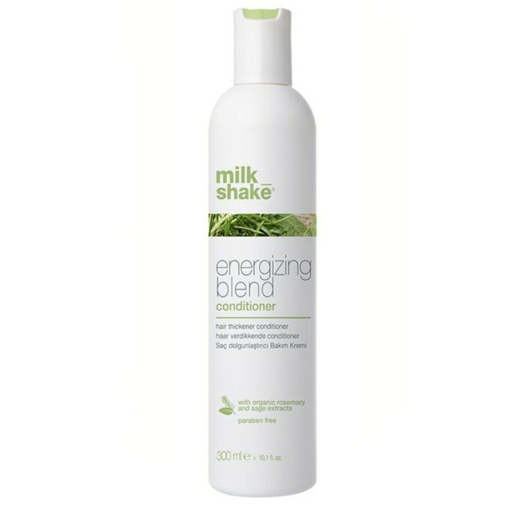 Weiße Flasche mit grünem Etikett. Aufschrift: milk_shake, Energizing Blend Conditioner. 300 ml.