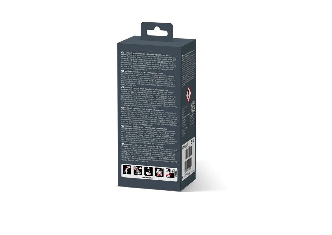 Dunkelgraue Verpackung mit Text und Symbolen. Enthält Warnhinweise und Anwendungssymbole.