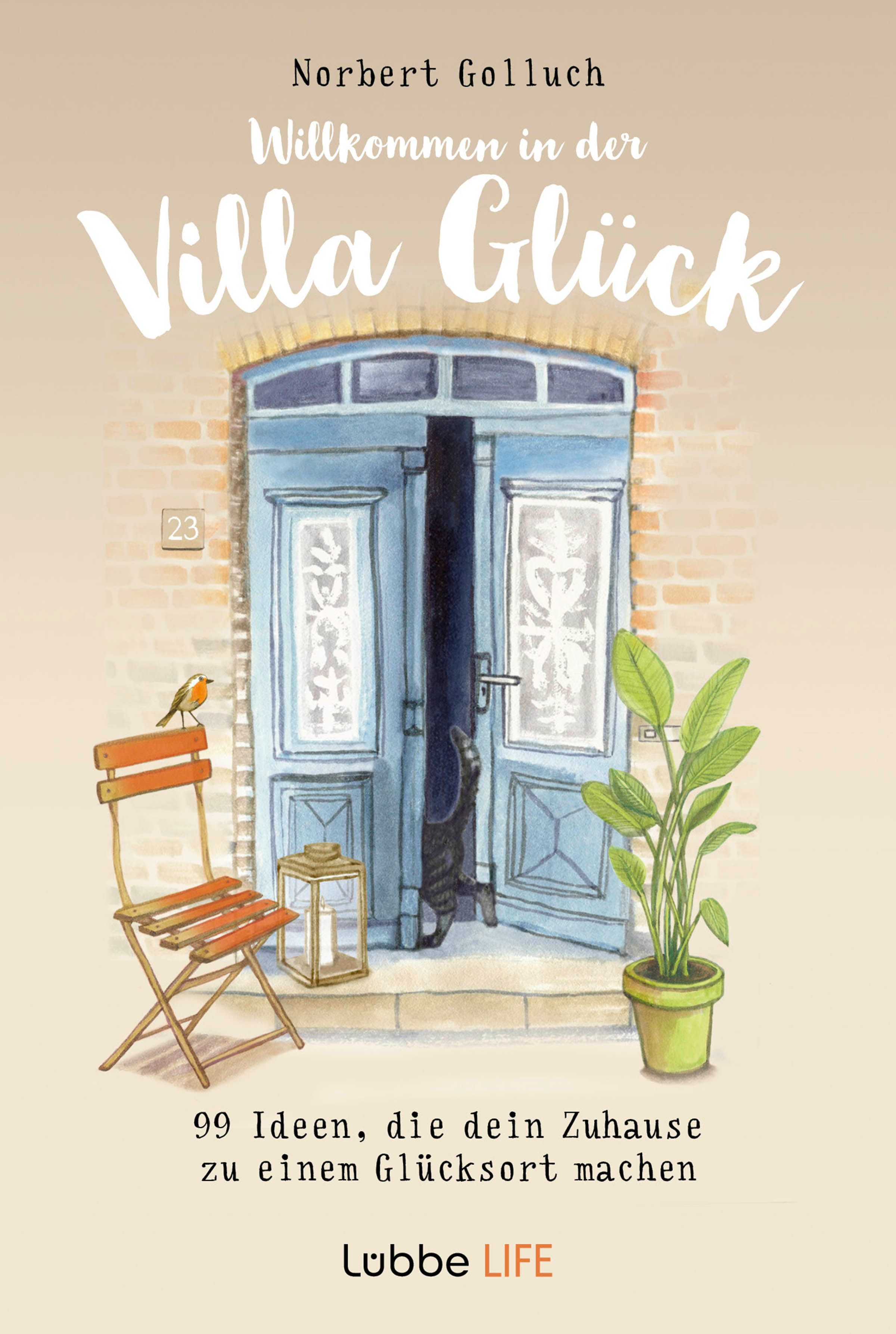 Buchcover mit Titel "Willkommen in der Villa Glück". Illustration einer blauen Tür, Stuhl, Pflanze und Text.