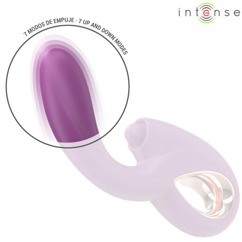 Lila Vibrator mit hervorgehobenen Merkmalen. 7 Auf- und Ab-Modi. Marke: Intense. G-Punkt-Vibrator.