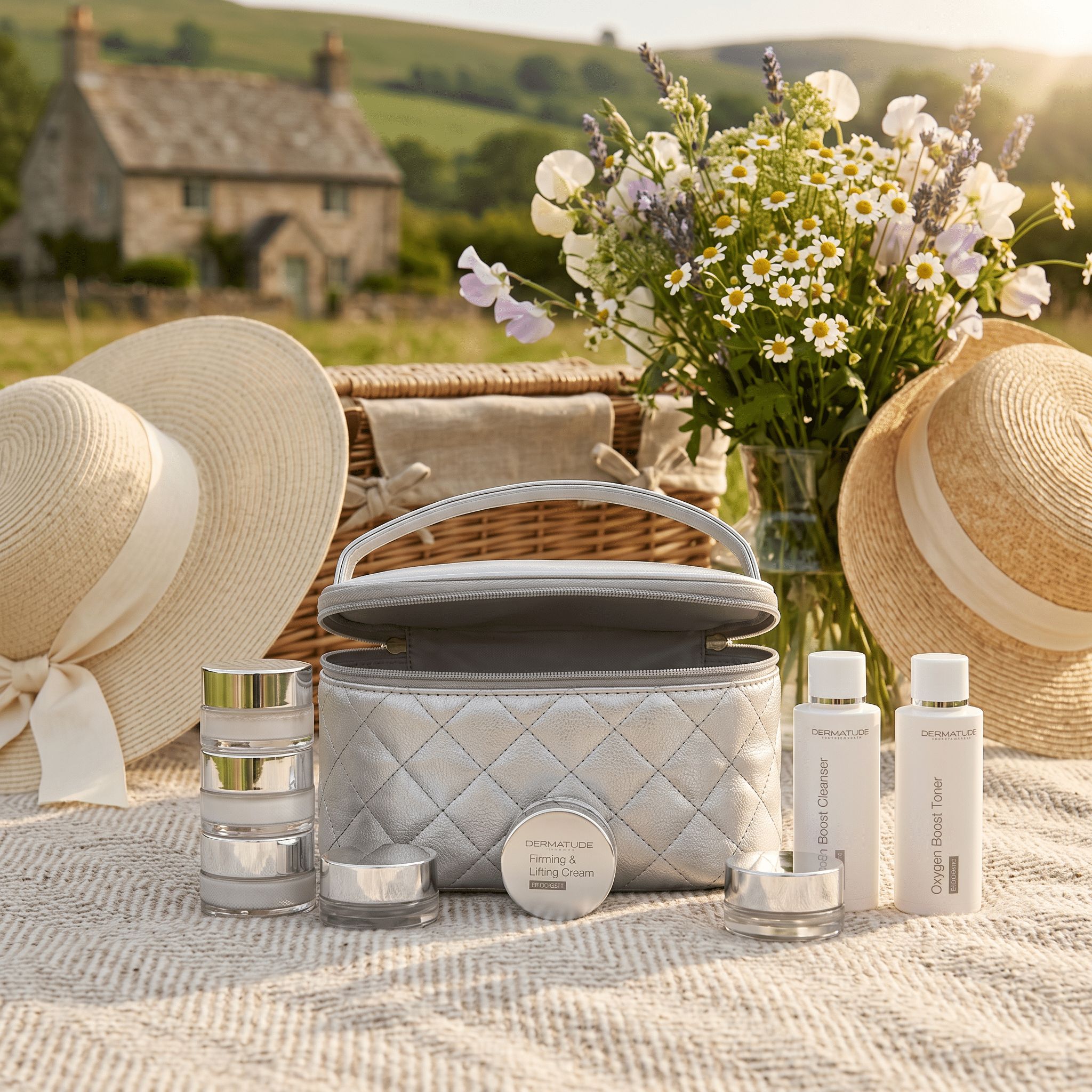 Picknick mit Kosmetiktasche, Tiegeln und Flaschen. Hüte, Blumen und Picknickdecke.