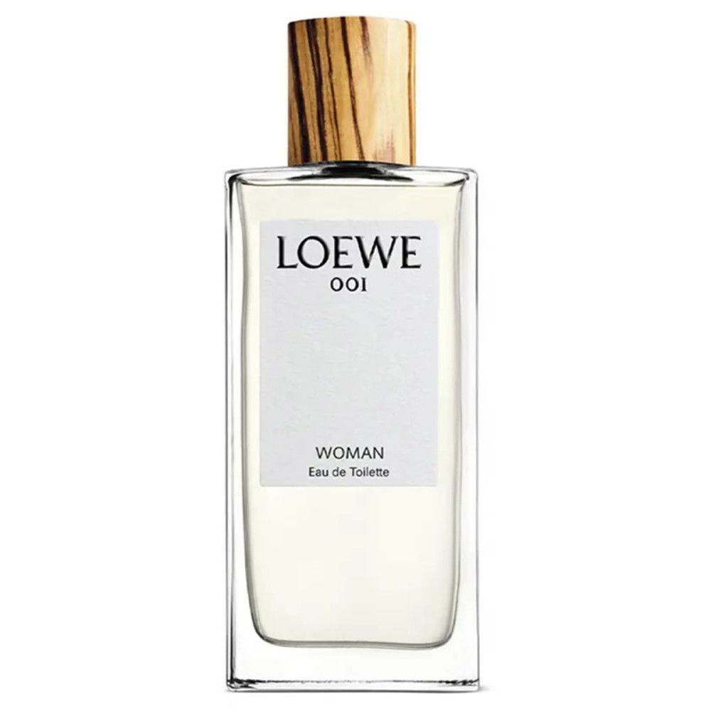Loewe 001 Woman Eau de Toilette. Rechteckiger Flakon mit Holzverschluss. Weißes Etikett mit Produktinformationen.