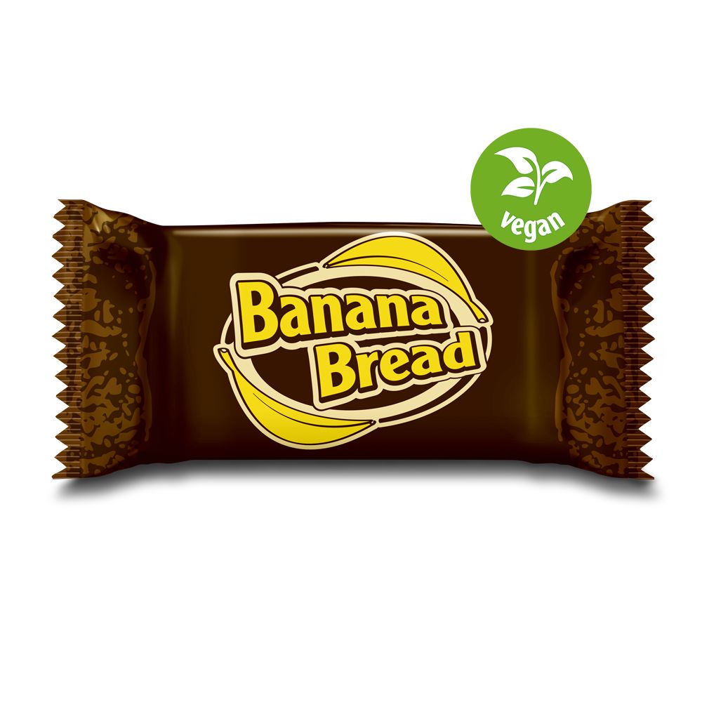 Verpackte Bananenbrot-Riegel. Aufschrift "Banana Bread" mit Bananen-Illustration. Vegan-Siegel.