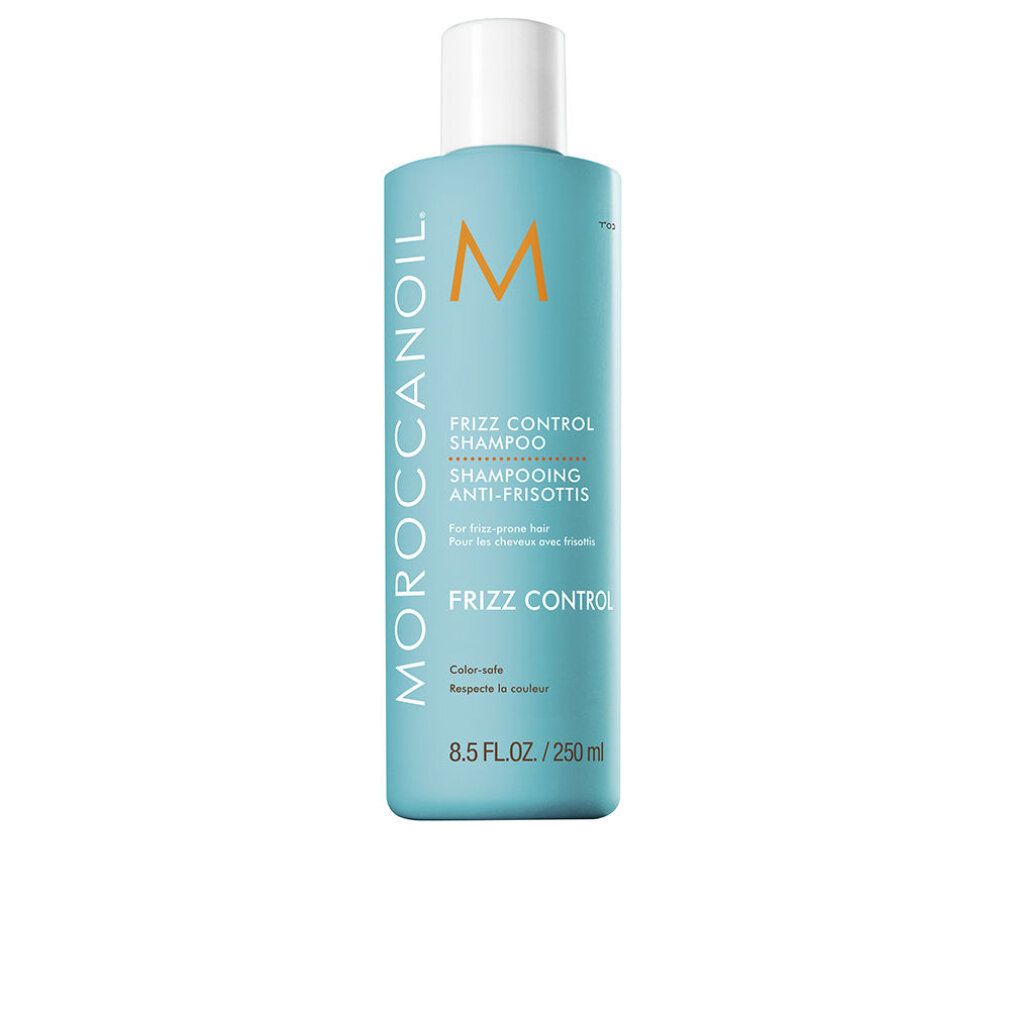 Türkisgrüne Flasche mit weißem Deckel. Aufschrift: Moroccanoil, Frizz Control Shampoo. Orangefarbenes Logo.