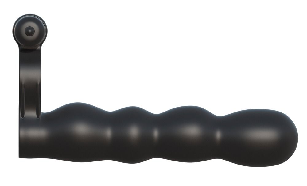 Seitenansicht eines schwarzen Doppelpenetrator-Rings mit perlenartigem Schaft.