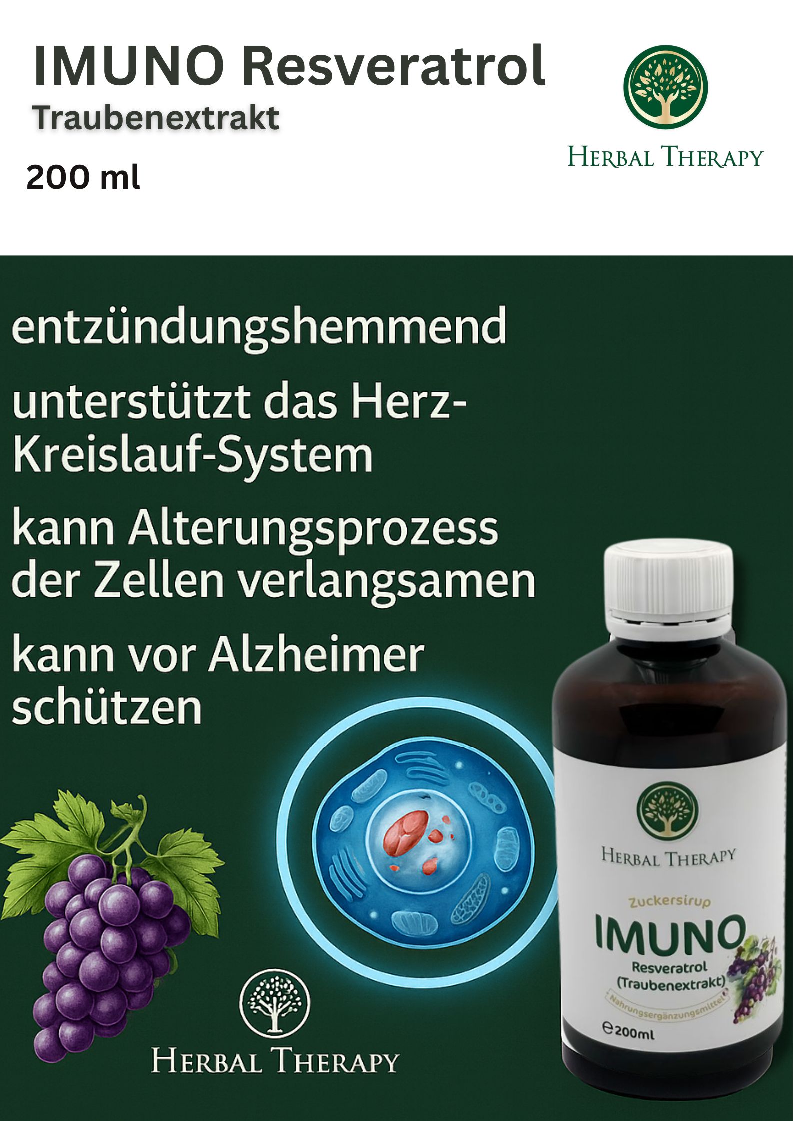 Flasche IMUNO Resveratrol mit Text: entzündungshemmend, unterstützt das Herz-Kreislauf-System, kann vor Alzheimer schützen.