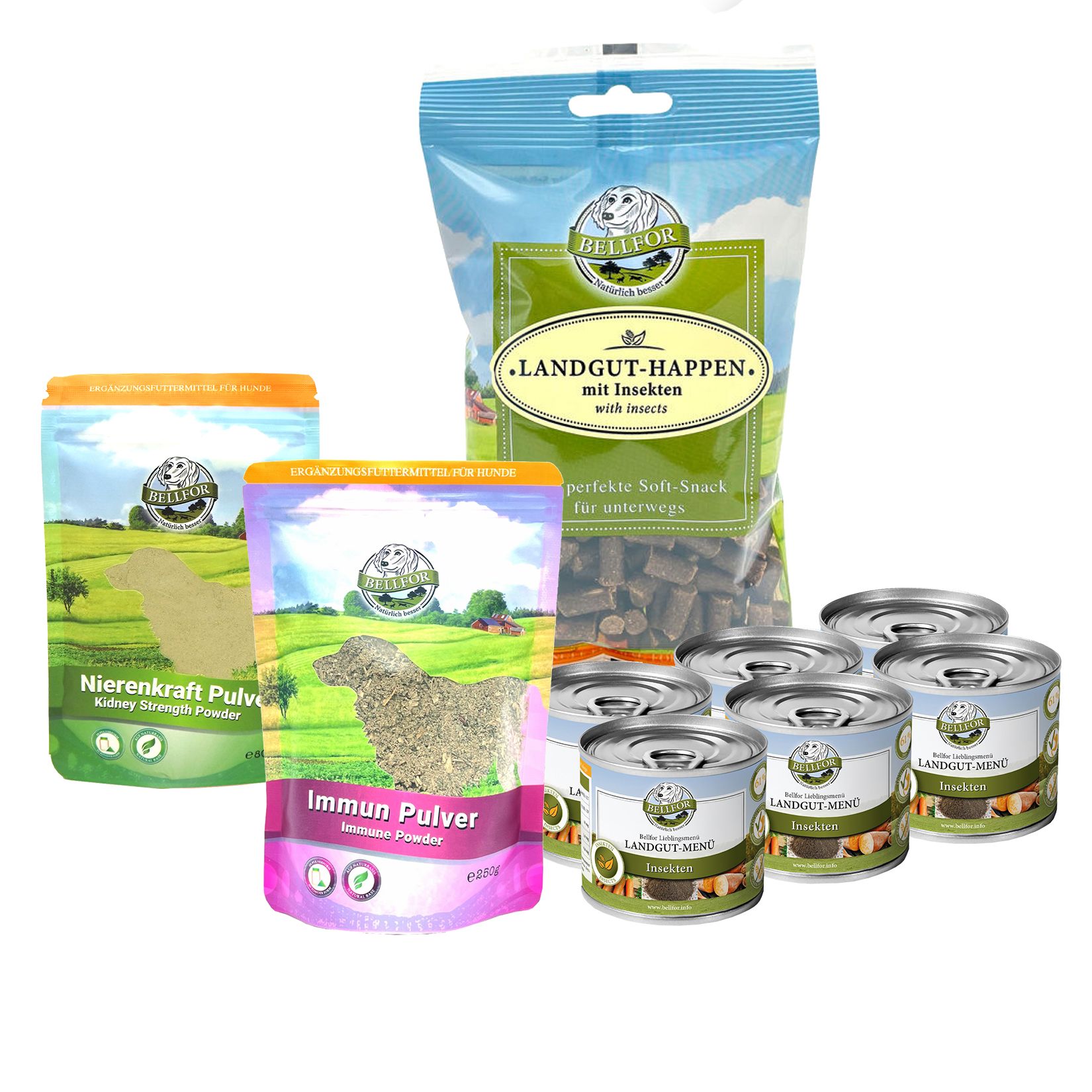 Verschiedene Bellfor-Produkte: Trockenfutter, Pulver und Nassfutter in Dosen. Verpackungen mit Produktnamen und Logo.