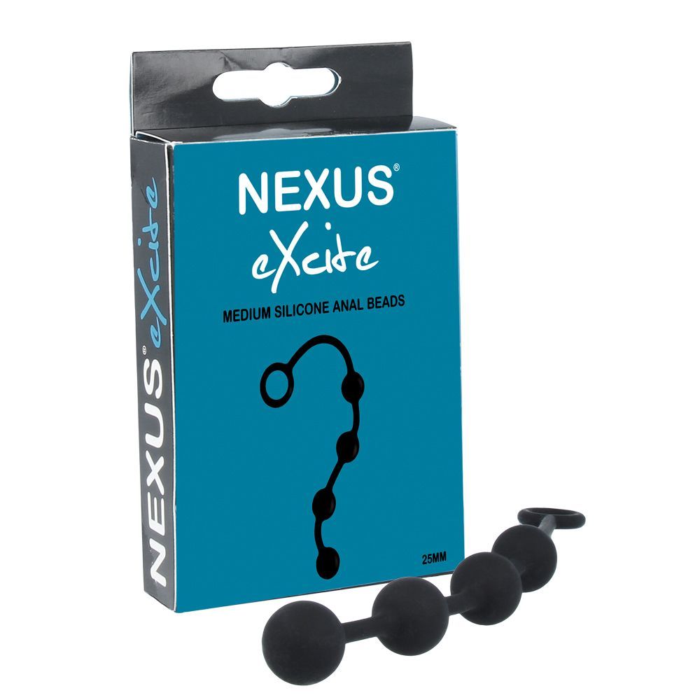 Produktverpackung mit Produktabbildung. Aufschrift: NEXUS eXcite, Medium Silicone Anal Beads. Schwarzes Produkt mit vier Kugeln.