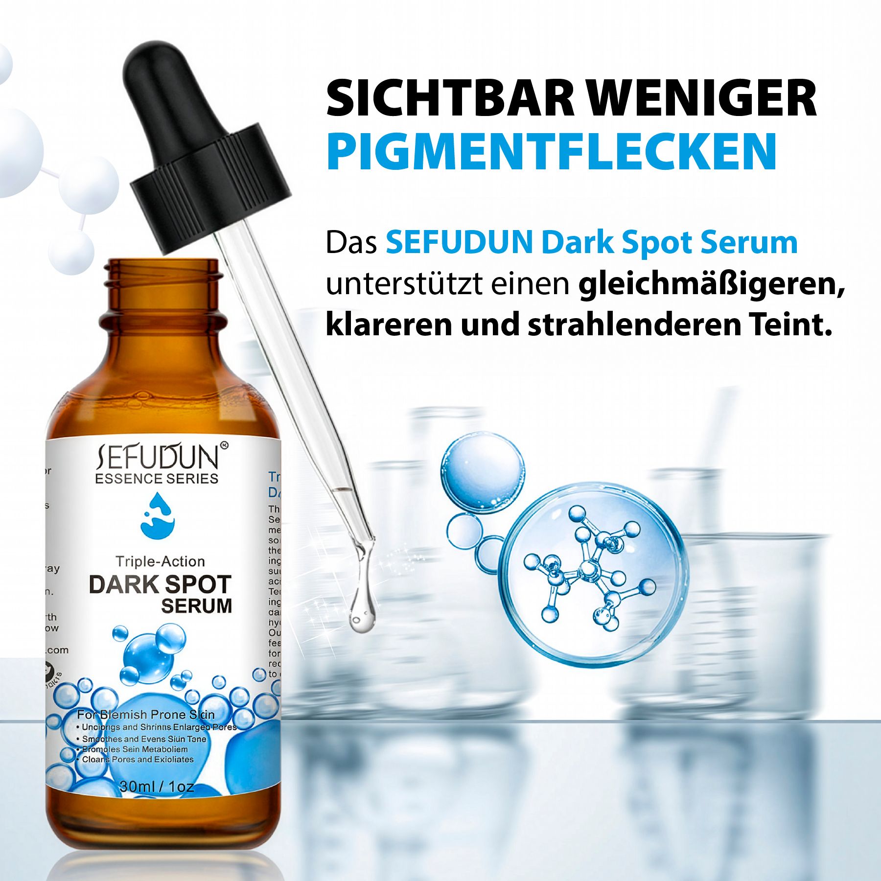 Braune Glasflasche mit Pipette, gefüllt mit SEFUDUN Dark Spot Serum.
