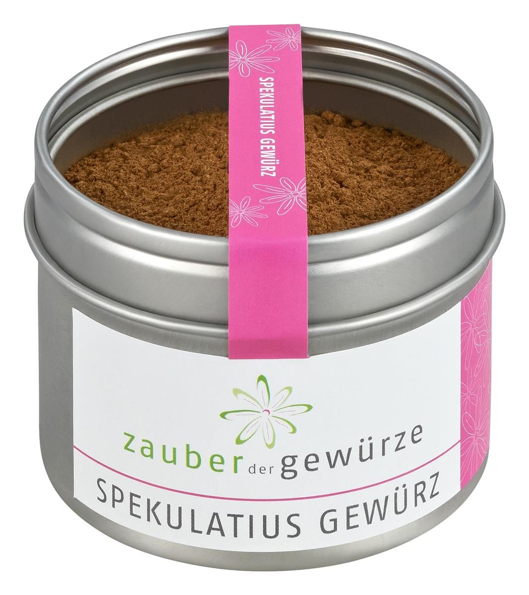 Runde Dose mit Spekulatius Gewürz. Rosa Band mit Aufschrift. Weißes Etikett mit Logo und Produktname.