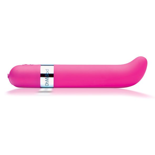 Pinkfarbener Vibrator mit silbernem Ring. Aufschrift: OhMiBod. Auf weißem Hintergrund.