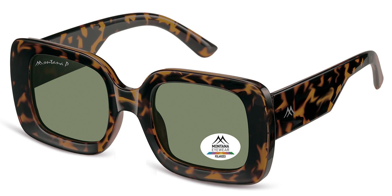Sonnenbrille mit braunem Schildpattmuster und grünen Gläsern. Das Logo ist auf dem Bügel und auf dem Glas zu sehen.