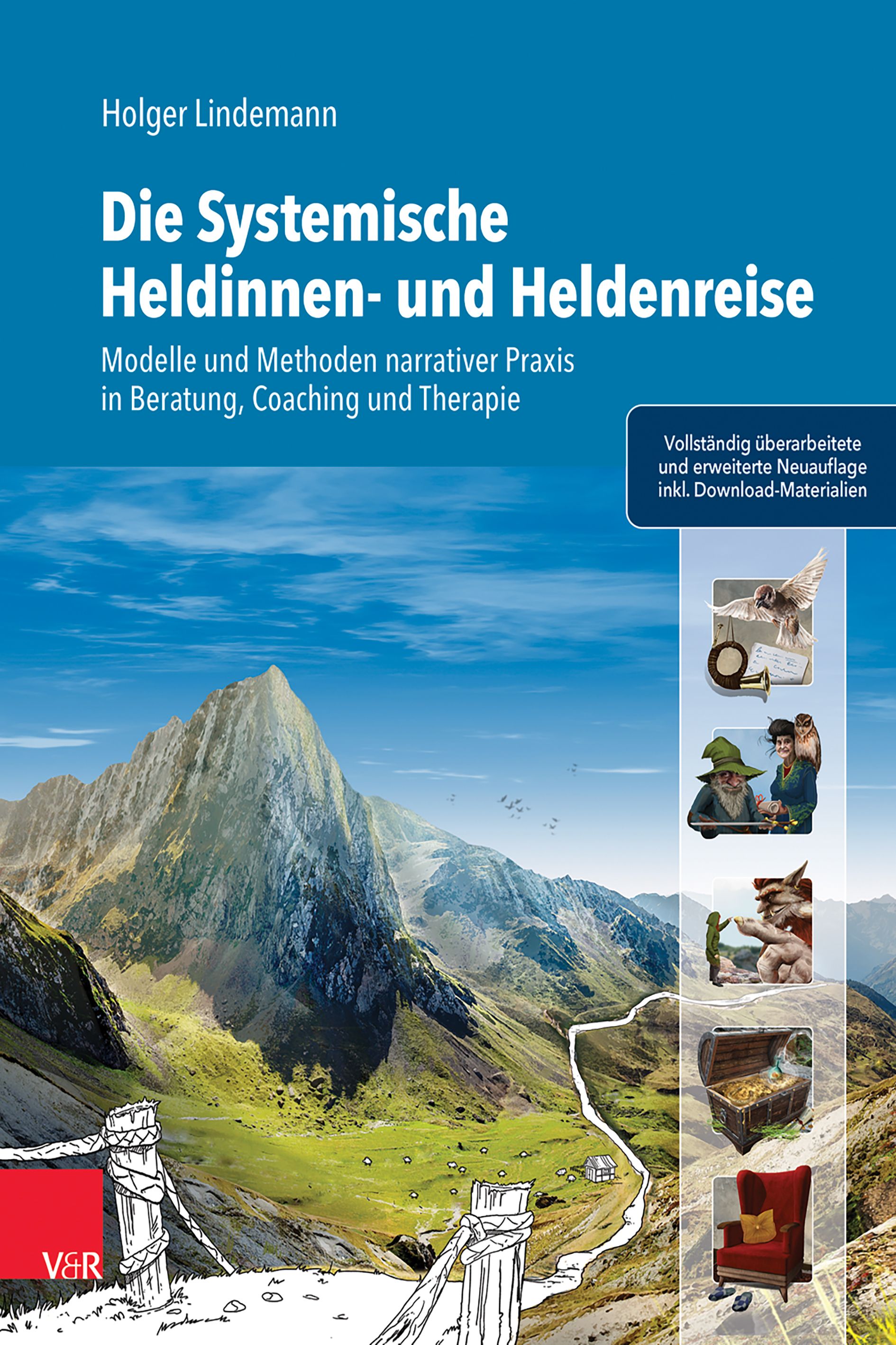 Buchcover: "Die Systemische Heldinnen- und Heldenreise". Titel, Autor, und Illustrationen von Bergen und Szenen. V&R-Logo.