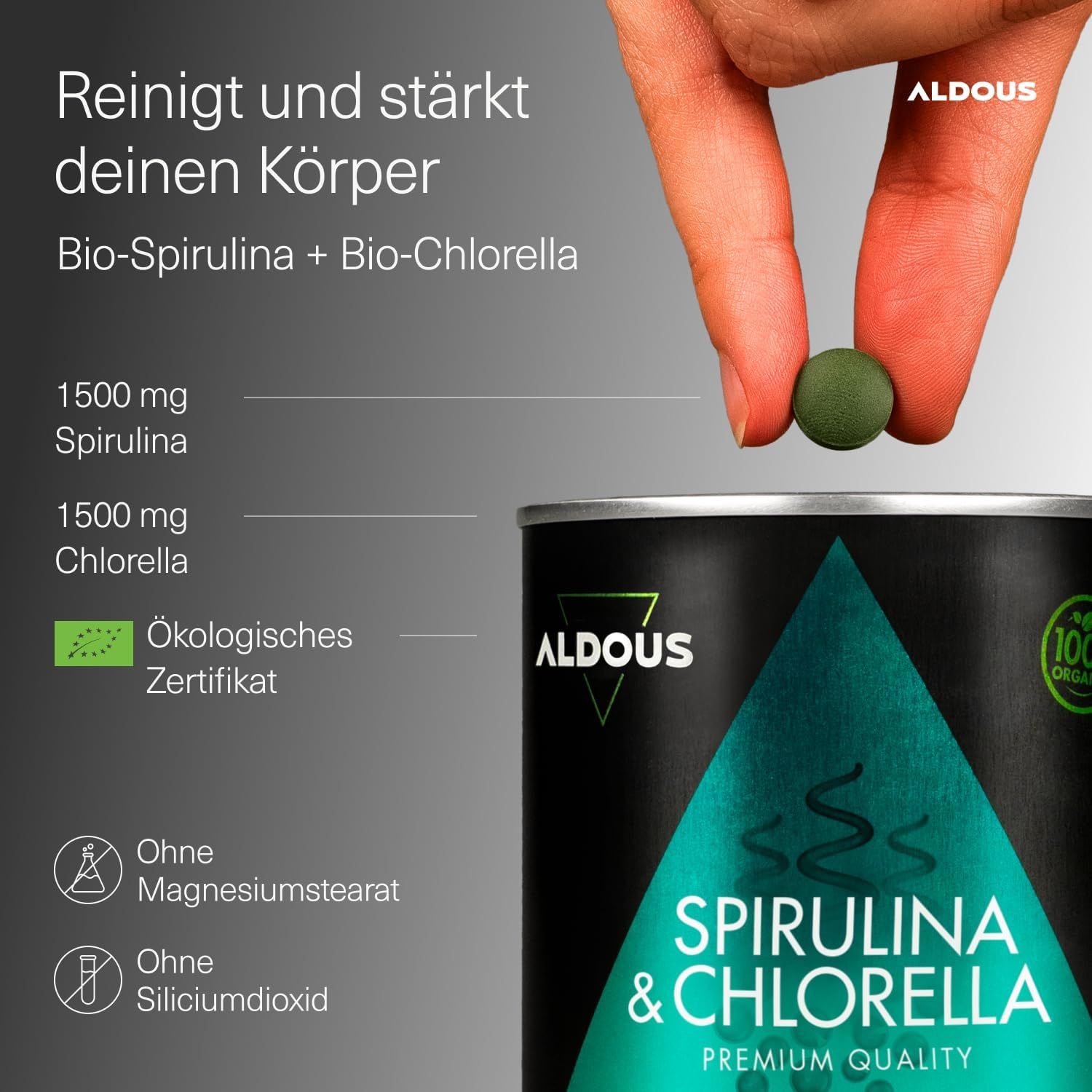 Aldous Spirulina + Chlorella Tabletten Dose mit 1500 mg Spirulina und 100% biologischem Zertifikat.