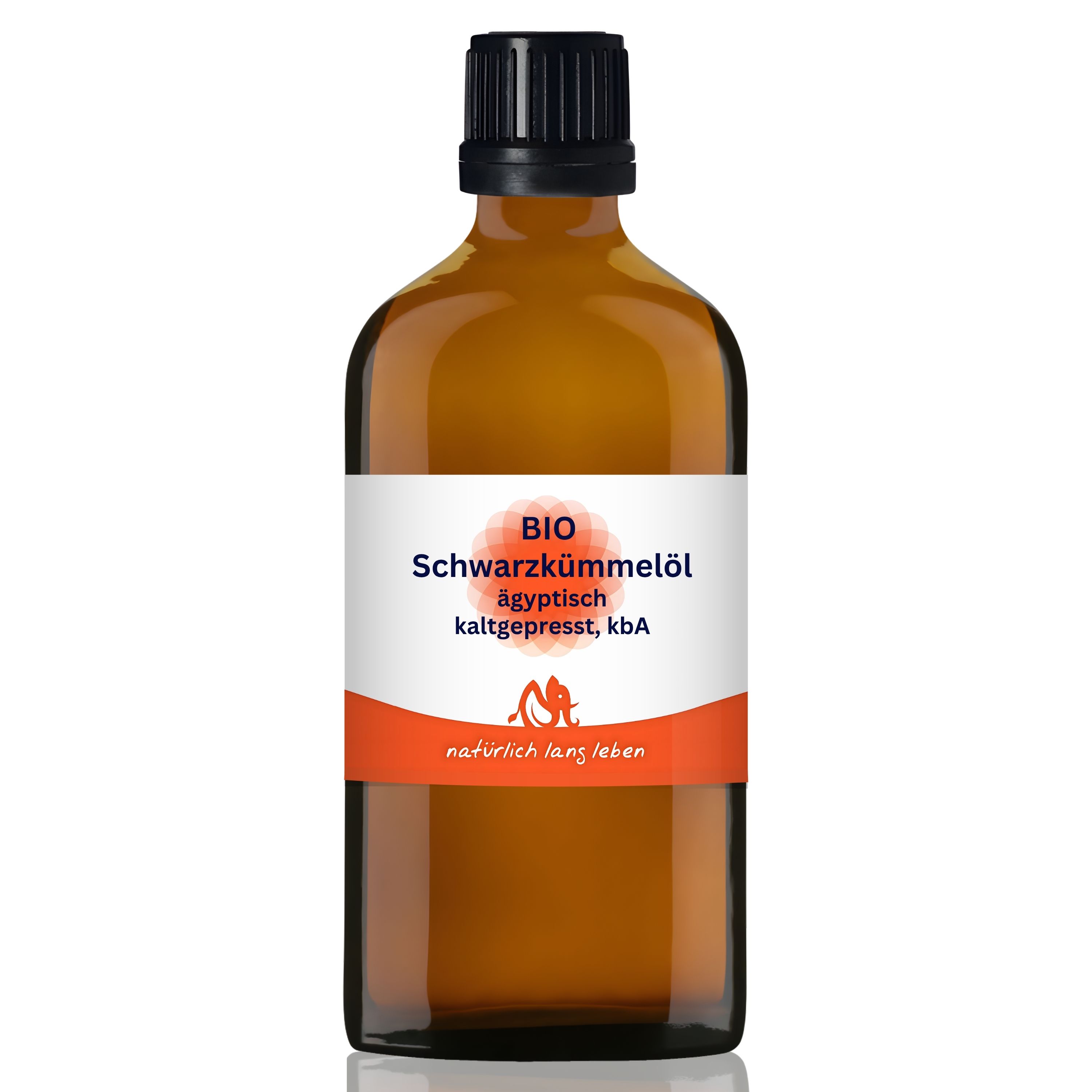 Braune Glasflasche mit schwarzem Deckel. Etikett mit BIO Schwarzkümmelöl. Roter Streifen am unteren Rand. Produktname und Logo.