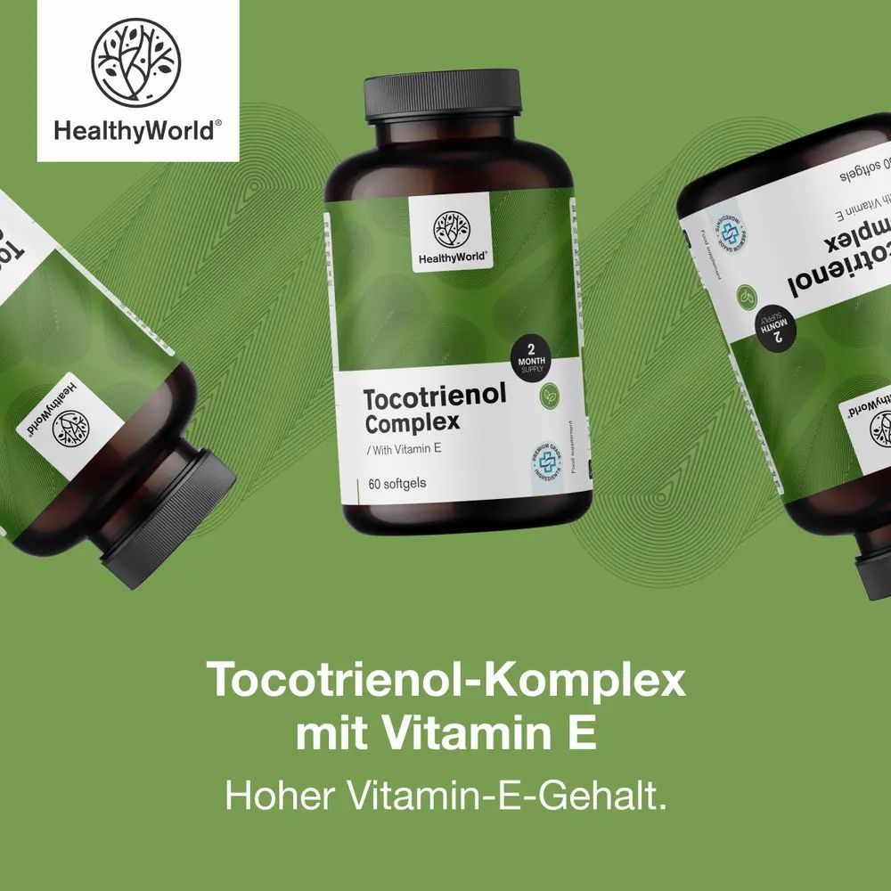 Mehrere Flaschen Tocotrienol Complex. Text: Tocotrienol-Komplex mit Vitamin E, hoher Vitamin-E-Gehalt. Produktetikett.