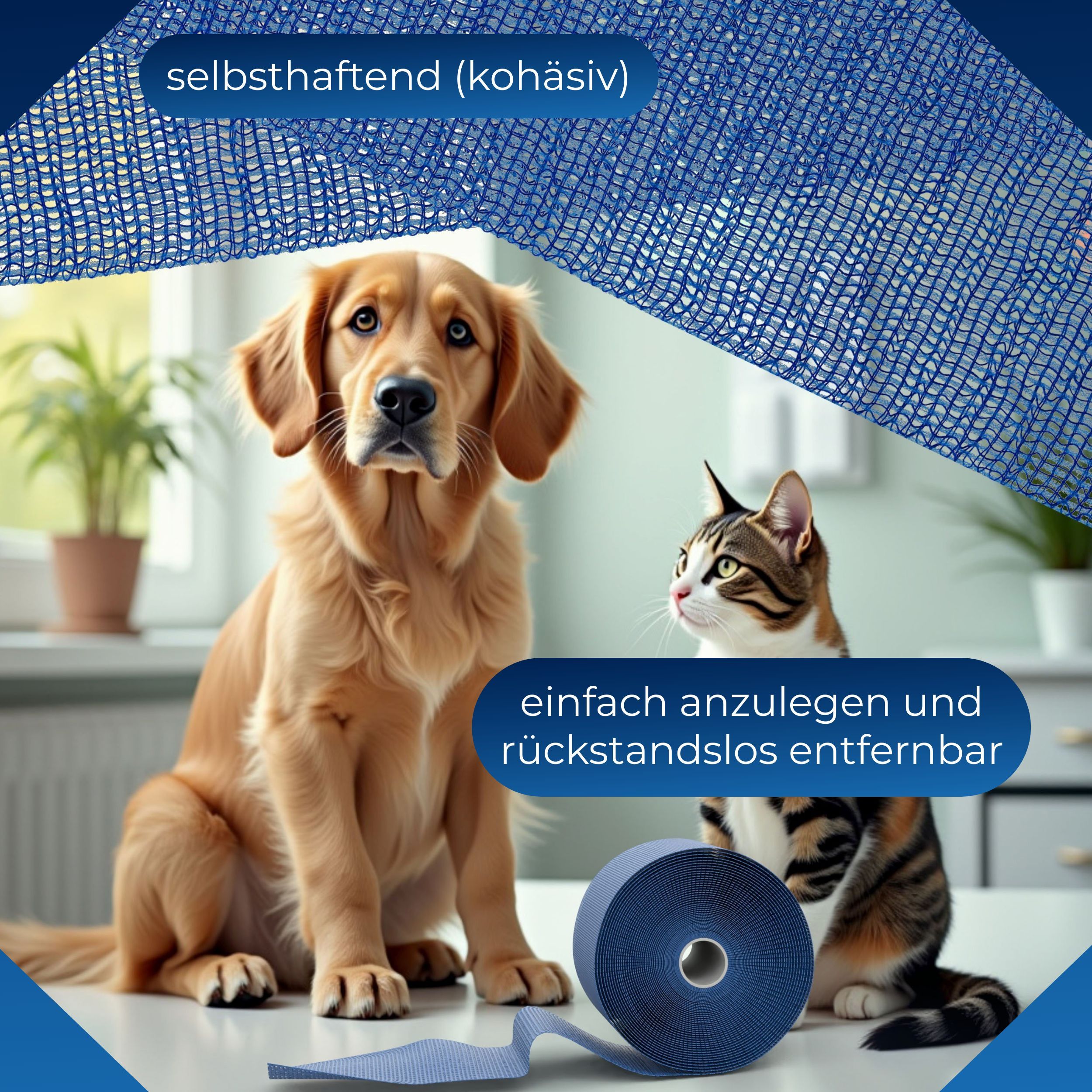 Blaues Verbandmaterial, gerollt, mit wabenförmiger Struktur. Text: selbsthaftend (kohäsiv), einfach anzulegen und rückstandslos entfernbar.