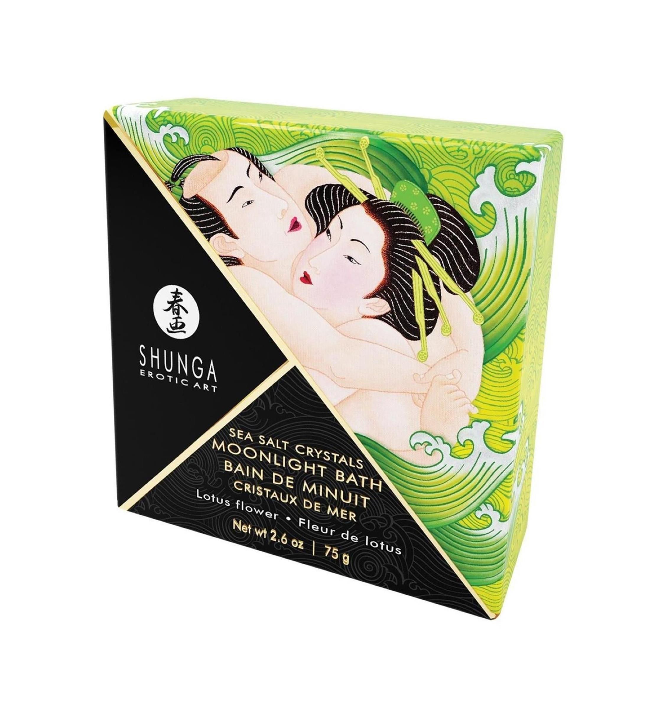 Verpackung mit Illustration. Text: Shunga, Moonlight Bath, Lotusblüte. Netto 2.6 oz | 75 g.