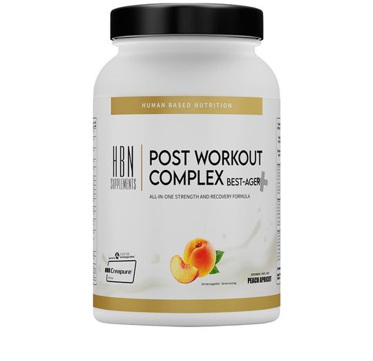 Weiße Dose mit schwarzem Deckel. Aufschrift: HBN Supplements, Post Workout Complex Best-Ager. Pfirsich-Abbildung.
