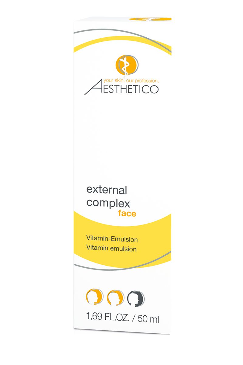 Confezione alta e stretta con area gialla. Scritta: Aesthetico, external complex face, Vitamin-Emulsion. 50 ml.