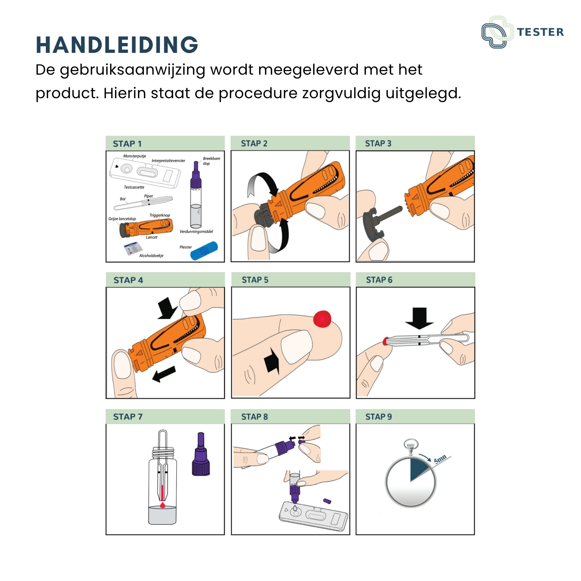 Anleitung mit 9 Schritten zur Durchführung eines CRP-Tests. Illustrationen zeigen die einzelnen Schritte.