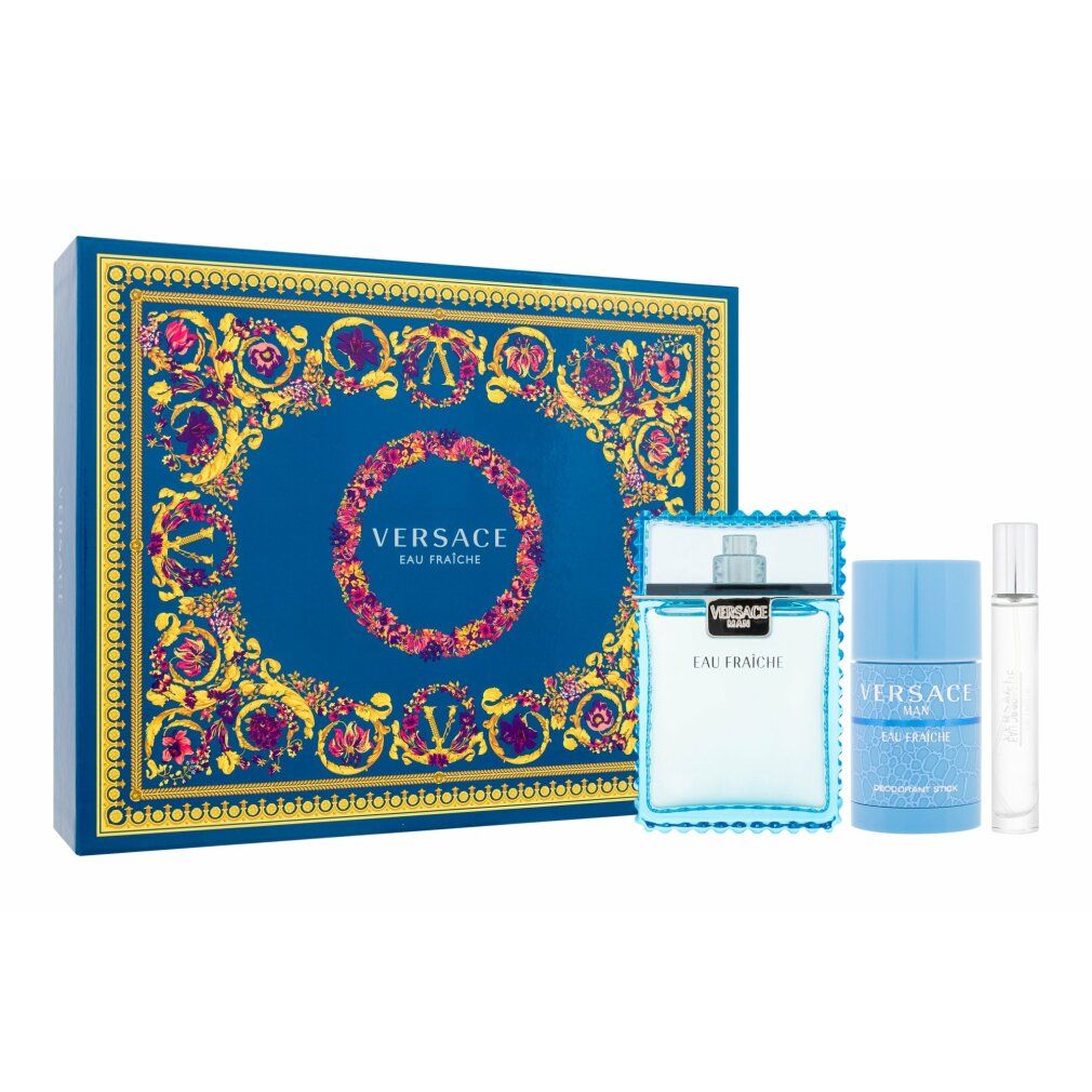 Geschenkset mit Eau Fraiche Flakon, Deodorant und Zerstäuber. Blaue Verpackung mit Versace-Logo und Ornamenten.
