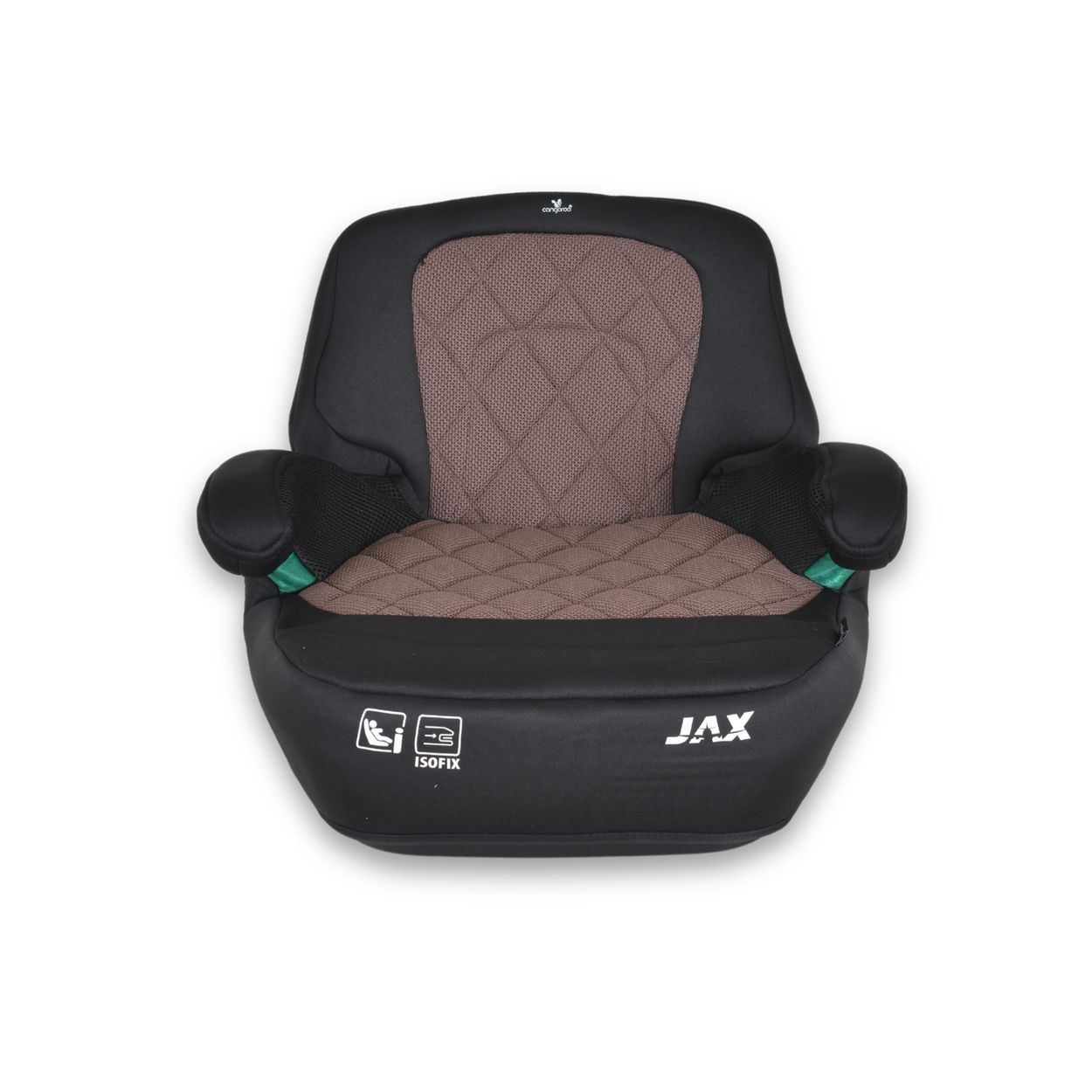 Schwarzer Kindersitz mit brauner gesteppter Sitzfläche und "JAX" Schriftzug.