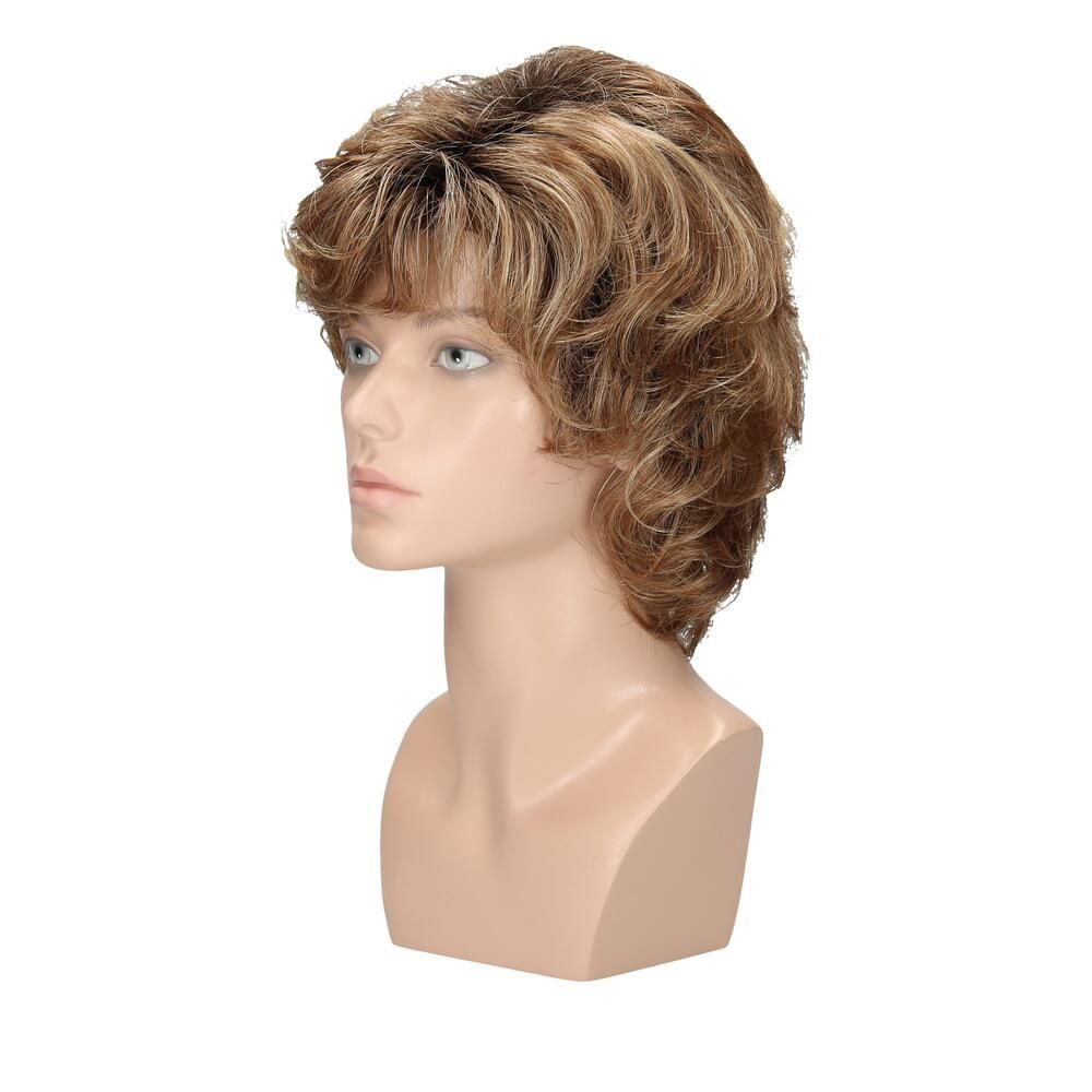Perücke Toronto, blond-braun, auf Büste. Seitenansicht. Kurze, gewellte Haare.