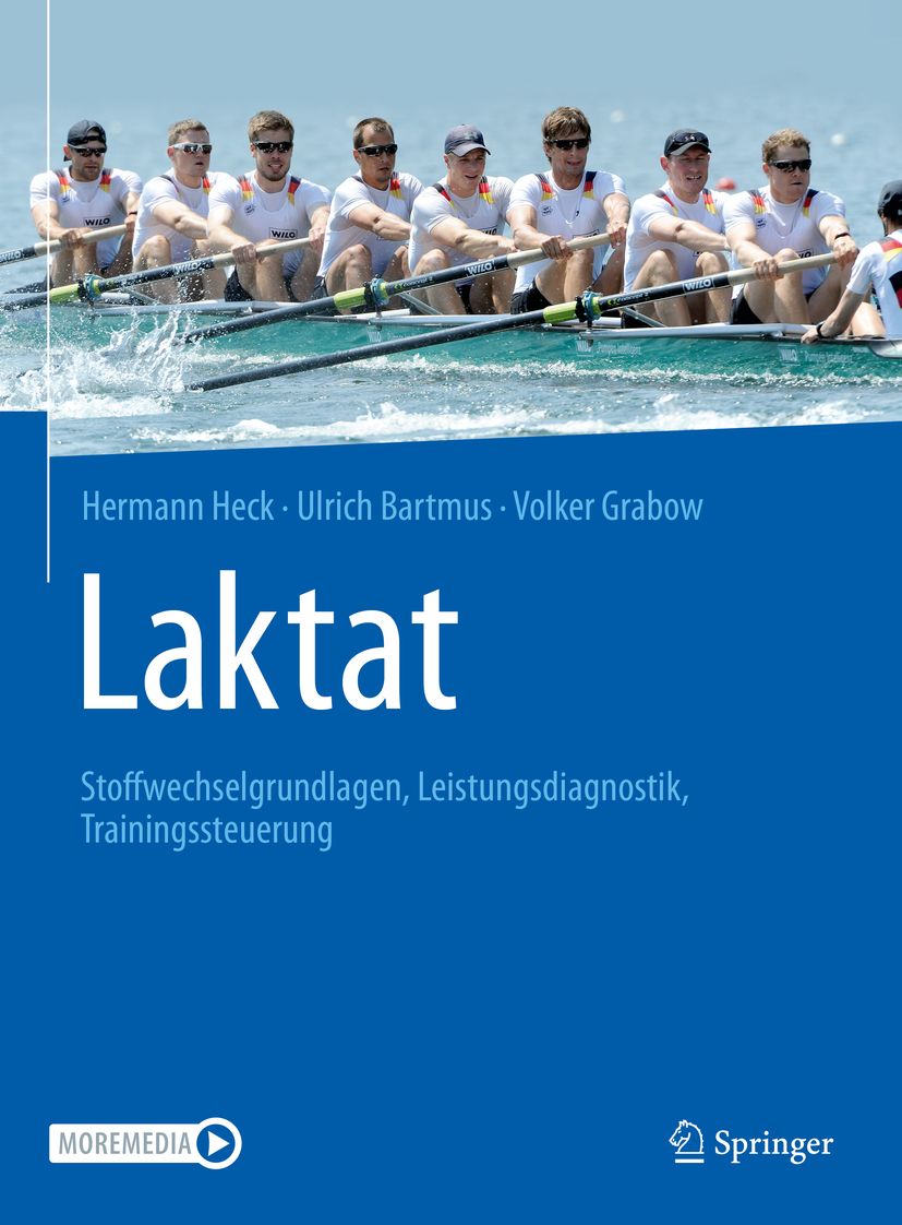 Buchcover mit dem Titel "Laktat". Im Hintergrund Ruderer in einem Boot. Autoren: Heck, Bartmus, Grabow. Verlag Springer.